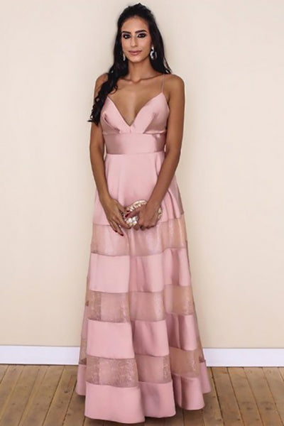 A-Line Spaghetti Straps Floor-Length Pink Backless Satin Prom Dress with Lace LR484 | ballgownbridal