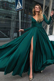 A-Line Deep V-Neck Long Sleeves Dark Green Sweep Train Prom Dress with Split PDA254 | ballgownbridal