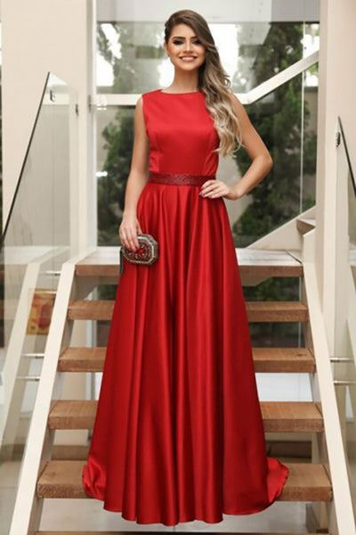 A-Line Bateau Floor-Length Red Satin Sleeveless Prom Dress with Beading LR200