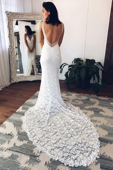 Mermaid Deep V-Neck Court Train Split-Front Backless White Lace Wedding Dress AHC592 | ballgownbridal