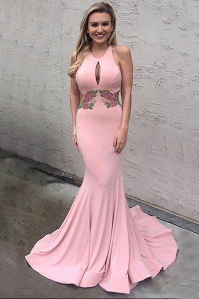 Mermaid Crew Sweep Train Pink Open Back Keyhole Prom Dress with Appliques LR362 | ballgownbridal