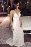 Mermaid Deep V-Neck Sweep Train Criss-Cross Straps Ivory Sequined Prom Dress AHC693 | ballgwonbridal