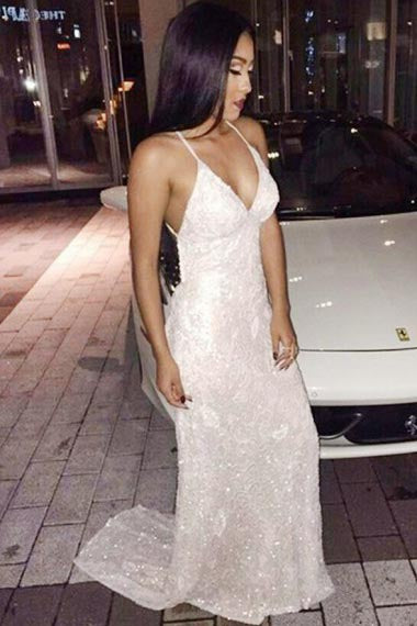 Mermaid Deep V-Neck Sweep Train Criss-Cross Straps Ivory Sequined Prom Dress AHC693 | ballgwonbridal
