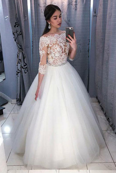 Ball Gown White Wedding Dresses Off the Shoulder 3/4 Sleeves Lace PDA168 | ballgownbridal