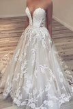 White Long Wedding Dresses for Women Sweetheart Lace Appliques PDA174 | ballgownbridal