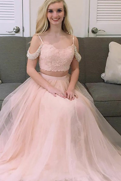 Two Piece Spaghetti Straps Cold Shoulder Pearl Pink Tulle Appliques Beaded Prom Dress LR327