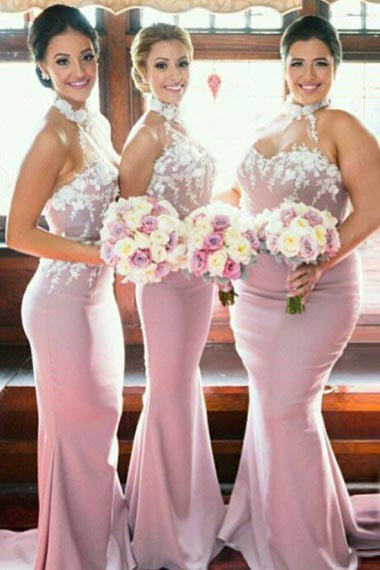 Mermaid High Neck Sweep Train Pink Satin Bridesmaid Dress with Appliques AHC631 | ballgownbridal