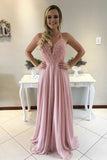 A-Line V-Neck Sweep Train Criss-Cross Straps Pink Chiffon Prom Dress with Beading LR452