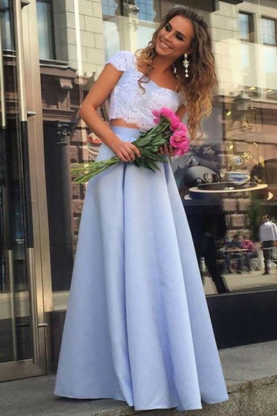 Two Piece Square Floor-Length Blue Satin Cap Sleeves Prom Dress with Appliques LR52