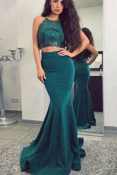 Two Piece Halter Green Long Prom Evening Dresses with Appliques PDA230 | ballgownbridal