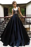 A-Line Crew Sweep Train Navy Blue Satin Sleeveless Prom Dress with Appliques LR361
