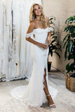 Mermaid Off-the-Shoulder Sweep Train Open Back Ivory Split Lace Wedding Dress AHC590