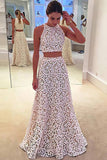 Two Piece Jewel Sweep Train Ivory Lace Sleeveless Prom Dress with Pleats LR387