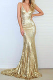 Mermaid Spaghetti Straps Sweep Train Criss-Cross Straps Gold Sequined Prom Dress AHC691 | ballgownbridal