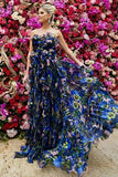 A-Line Sweetheart Sweep Train Royal Blue Printed Chiffon Prom Dress with Ruffles LR207