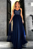 A-Line Spaghetti Straps Sweep Train Navy Blue Tulle Prom Dress with Sequins LR319