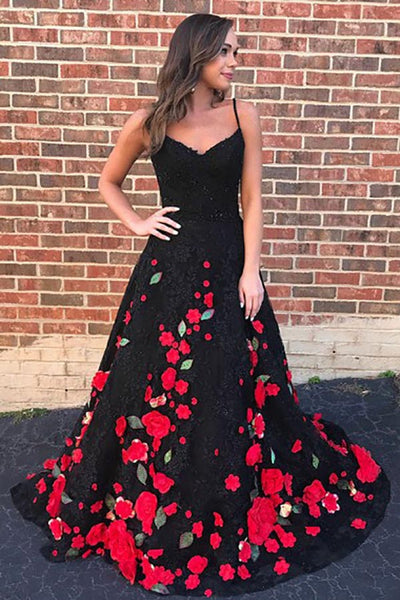 A-Line Spaghetti Straps Sweep Train Black Lace Sleeveless Prom Dress with Appliques LR127