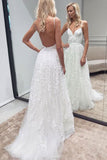 A Line Spaghetti Straps White Wedding Dresses with Backless Appliques PDA037 | ballgownbridal