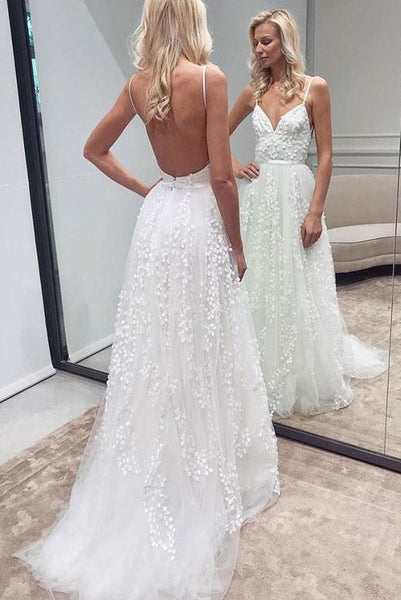 A Line Spaghetti Straps White Wedding Dresses with Backless Appliques PDA037 | ballgownbridal
