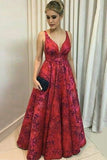 A-Line Deep V-Neck Floor-Length Red Printed Satin Backless Prom Dress LR462