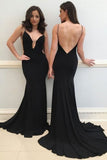 Mermaid Deep V-Neck Sweep Train Black Satin Backless Prom Dress with Beading  LR48
