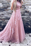 A-Line Crew Sweep Train Pink Tulle Prom Dress with Appliques Sash AHC689 | ballgownbridal