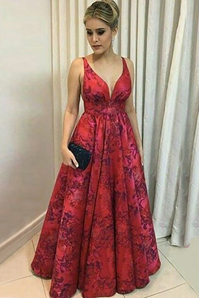 A-Line Deep V-Neck Floor-Length Red Printed Satin Backless Prom Dress LR462 | ballgownbridal