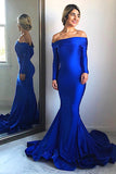 Mermaid Off-the-Shoulder Long Sleeves Sweep Train Royal Blue Prom Dress PDA396