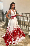 A-Line V-Neck Sweep Train White Printed Prom Dress with Beading PDA337 | ballgownbridal