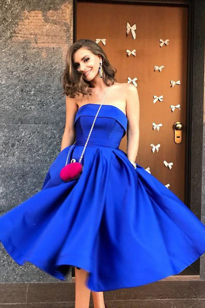 A-Line Strapless Tea-Length Royal Blue Satin Prom Dress with Pockets PDA381 | ballgownbridal