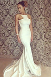 Mermaid Jewel Backless Sweep Train White Prom Dress with Watteau PDA454 | ballgownbridal