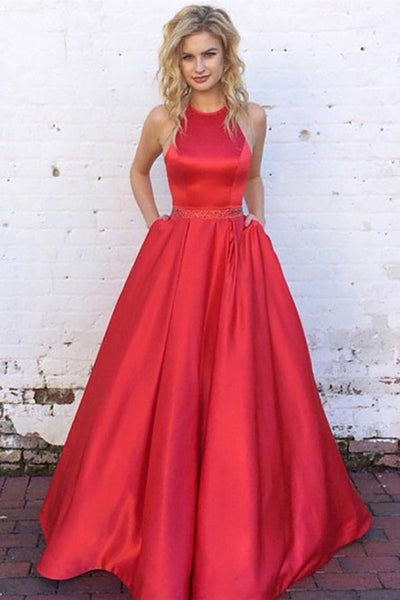 A-Line Jewel Sweep Train Red Satin Sleeveless Prom Dress with Beading Pockets LR91