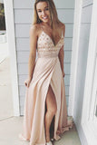 A-Line Deep V-Neck Sweep Train Champagne Criss-Cross Straps Prom Dress with Beading LR170