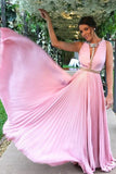A-Line Deep V-Neck Floor-Length Pink Chiffon Prom Dress with Beading PDA458 | ballgownbridal