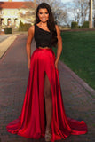 Two Piece One-Shoulder Lace Bodice Sweep Train Red Prom Dress with Split PDA269 | ballgownbridal