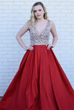 A-Line Deep V-Neck Sweep Train Dark Red Satin Backless Prom Dress with Beading LR69
