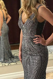 Mermaid Deep V-Neck Sweep Train Grey Lace Sleeveless Backless Prom Dress with Beading LR88