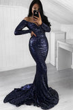 Mermaid Off the Shoulder Navy Blue Prom Dresses Evening Dresses Sweep Train PDA189 | ballgownbridal