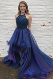 A-Line Halter Court Train High Low Royal Blue Tulle Beaded Ruffles Prom Dress AHC534 | ballgownbridal
