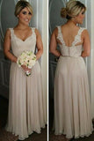 A-Line Straps Floor-Length Light Champagne Chiffon Bridesmaid Dress with Appliques AHC624