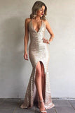 Mermaid Spaghetti Straps Champagne Sequined Prom Dress with Split PDA465 | ballgownbridal