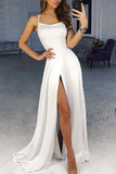 A-Line Spaghetti Straps Sweep Train White Prom Dress with Split LR23