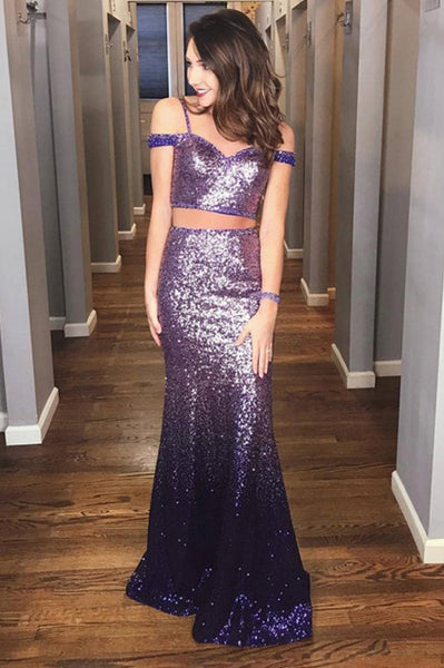 Two Piece Spaghetti Straps Floor-Length Purple Ombre Sequined Prom Dress PDA339 | ballgownbridal