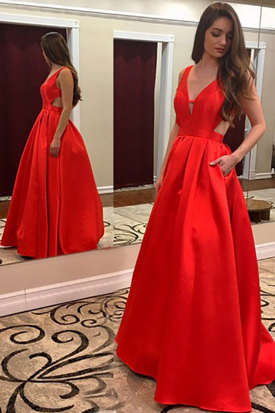 A-Line Deep V-Neck Sweep Train Red Satin Backless Prom Dress with Pockets LR375