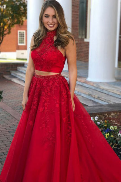 Two Piece High Neck Open Back Dark Red Beaded Prom Dress with Appliques PDA333 | ballgownbridal