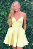 A-line Satin Fit and Flare Yellow Homecoming Dress with Pockets LR9