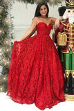 A-Line Sweetheart Sweep Train Red Lace Sleeveless Pleats Prom Dress LR326