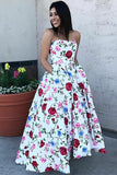 A-Line Sweetheart High Low White Printed Satin Sleeveless Prom Dress LR308