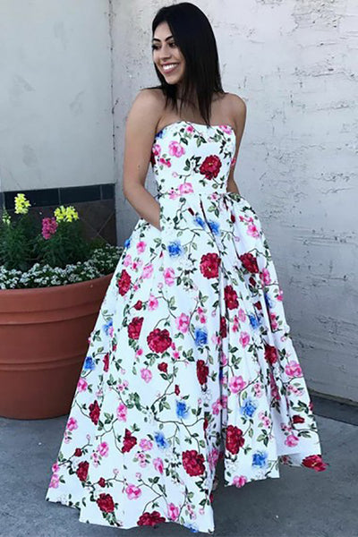 A-Line Sweetheart High Low White Printed Satin Sleeveless Prom Dress LR308