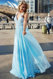 A-Line Deep V-Neck Sweep Train Blue Chiffon Sleeveless Prom Dress with Sequins LR68